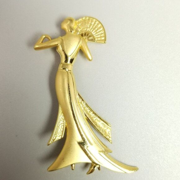 Vintage JJ Tall Elegant Woman in Dress with Fan Brooch, Matte Gold Tone, Signed - Picture 2 of 9